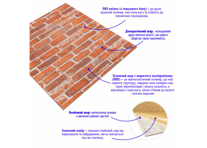 Декоративна 3D панель самоклейка 700х770х3мм Руда Катеринославська цегла (044-3) SW-00000696